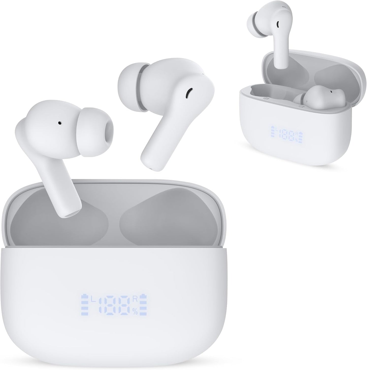 Beleth Earset Pro1 Wireless Earbuds Bluetooth 5.4 Headphones, Dual Connectivity, 50H Playtime, ENC/ANC Noise Cancelling, Deep Bass, LED Display, Wireless Charging Case โ White
