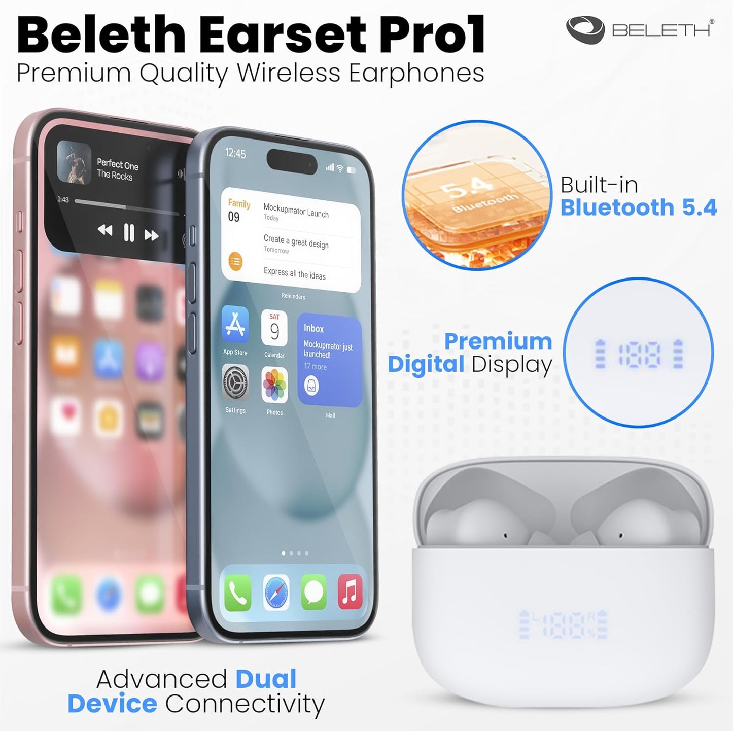 Beleth Earset Pro1 Wireless Earbuds Bluetooth 5.4 Headphones, Dual Connectivity, 50H Playtime, ENC/ANC Noise Cancelling, Deep Bass, LED Display, Wireless Charging Case โ White