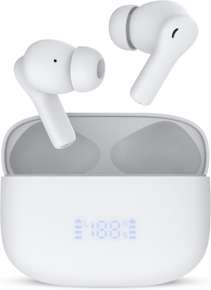 Beleth Earset Pro1 Wireless Earbuds Bluetooth 5.4 Headphones, Dual Connectivity, 50H Playtime, ENC/ANC Noise Cancelling, Deep Bass, LED Display, Wireless Charging Case – White